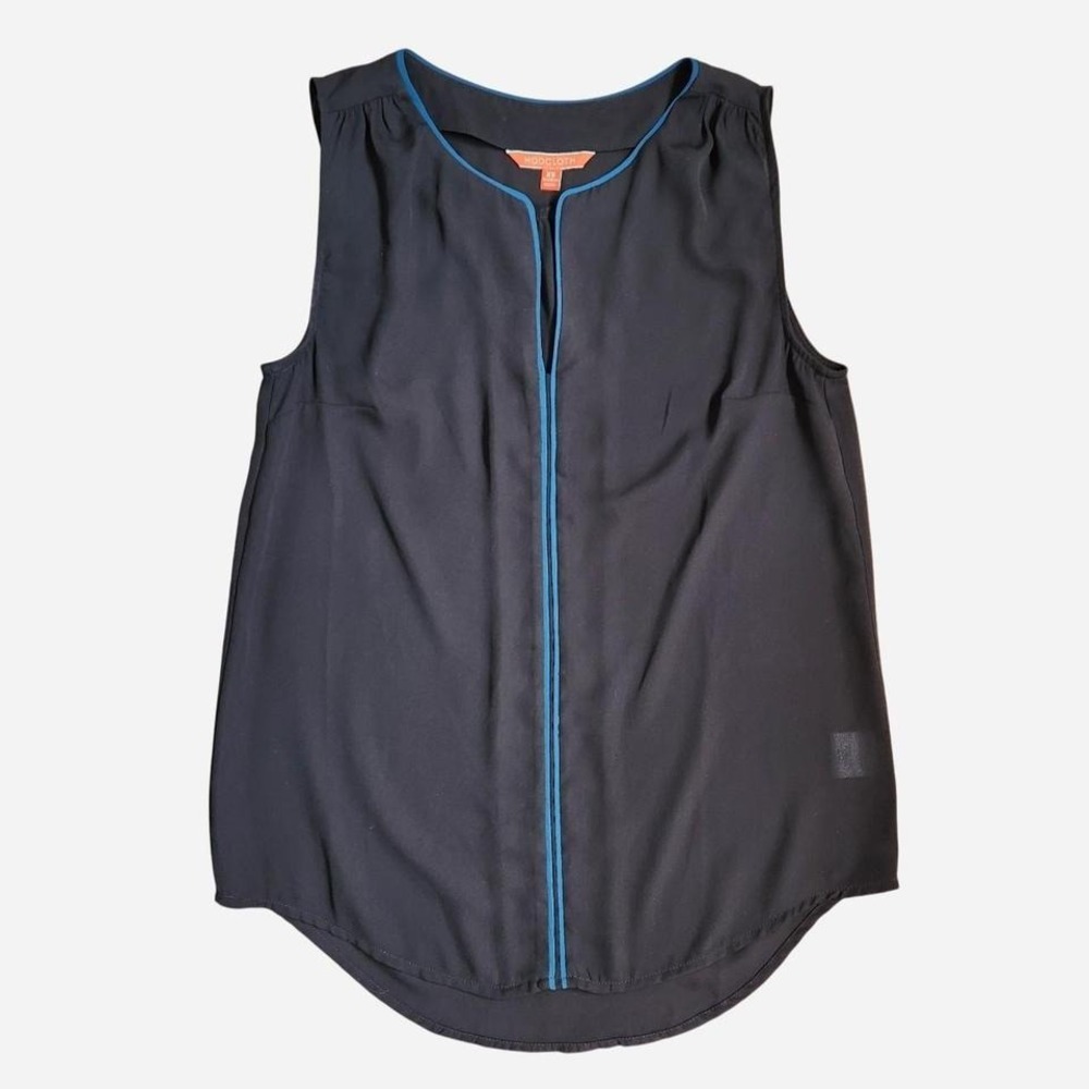 Modcloth Sleeveless Blouse Black with Split Neckline Blue Trim XS